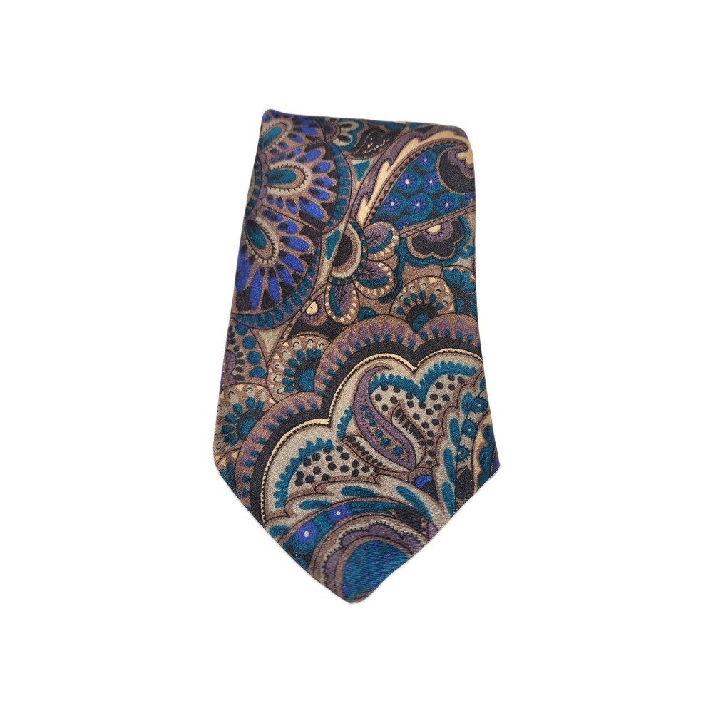 David Crystal Mens Vintage Paisley Tie Blue Purple Bronze Silk Blend Made in USA